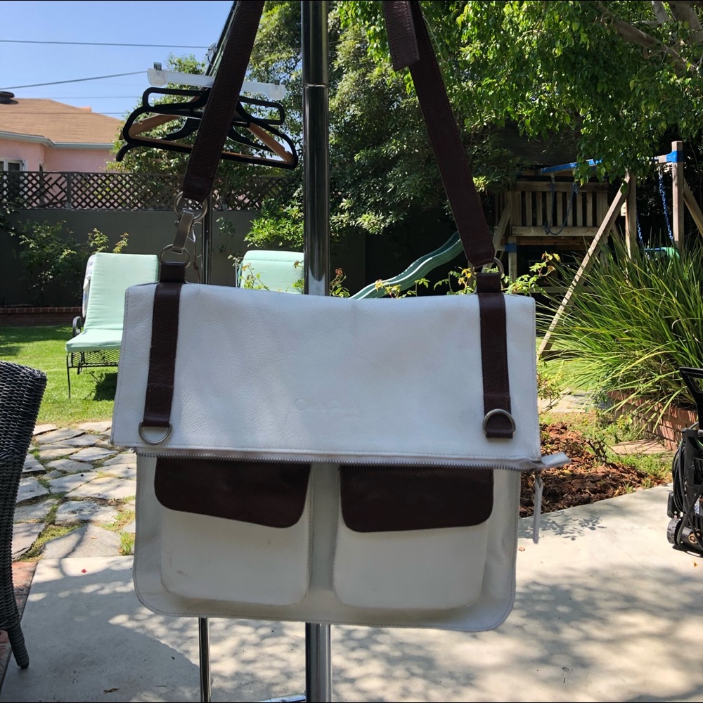 White cross body with brown leather accents